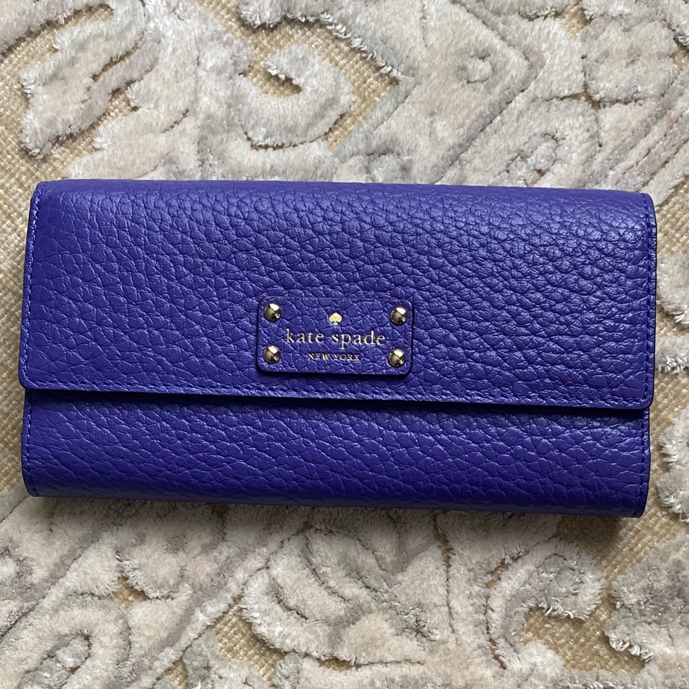 kate spade Purple Pebbled Leather Flap Wallet with Gold Logo